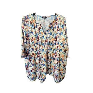 Women's Pullover Reborn Blouse, Large. Yellow, Blue, Browns. 3/4 Sleeves